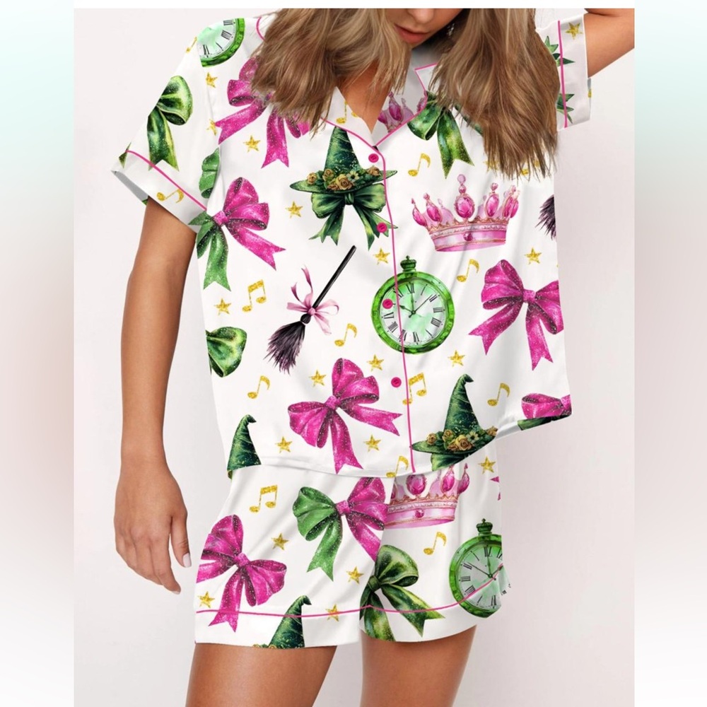 Whimsical Women's Pajama Set with Pink and Green Design